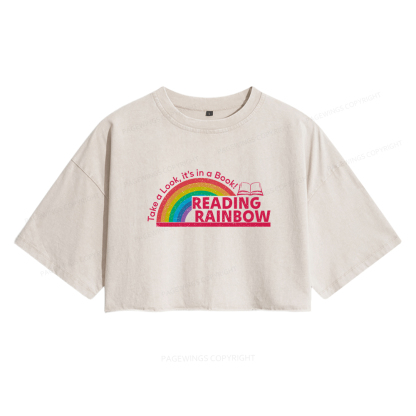 Pagewings Reading With Rainbow Women's Washed Cropped T-shirt