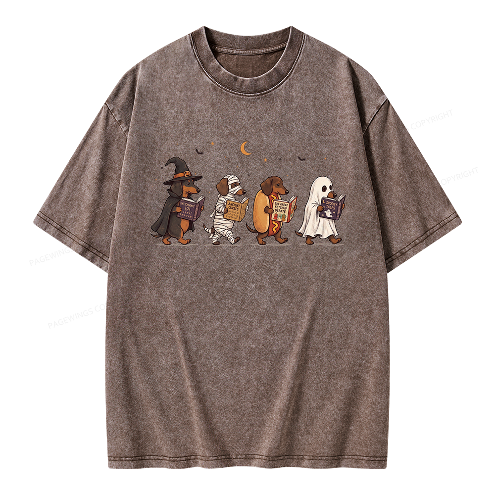 Pagewings Cute Spooky Season Wiener Dog Reading Unisex Washed T-shirt