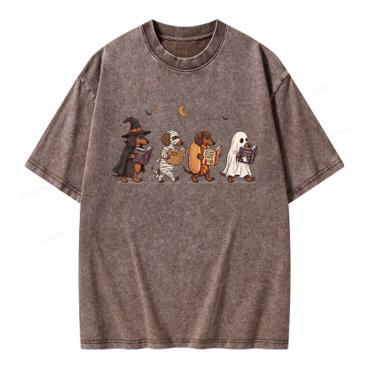 Pagewings Cute Spooky Season Wiener Dog Reading Unisex Washed T-shirt