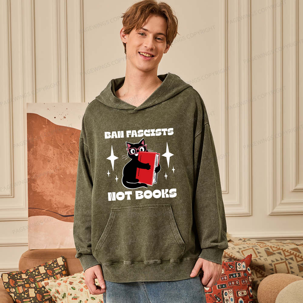 Pagewings Ban Fascists Not Books Unisex Washed Hoodie