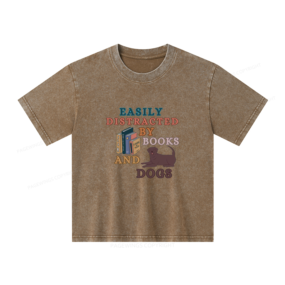 Pagewings Easily Distracted By Books And Labrador Unisex Kids Washed T-shirt
