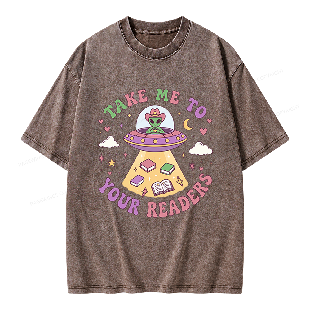 Pagewings Cute Alien Reading Unisex Washed T-shirt