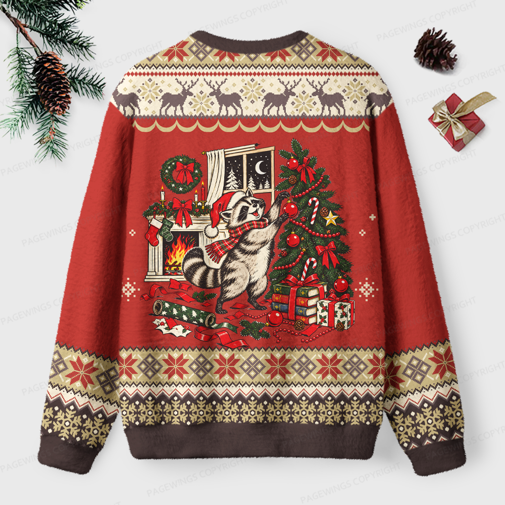 Pagewings Funny Christmas Raccoon Unisex Ugly Light Knit Sweatshirt
