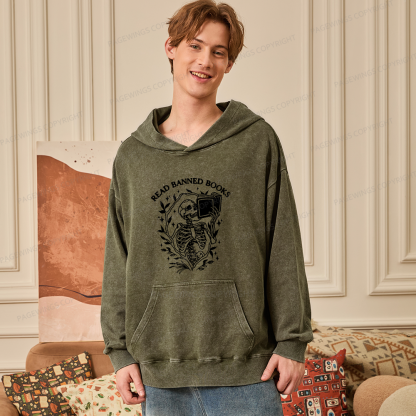 Pagewings Read Banned Books Skeleton Unisex Washed Hoodie