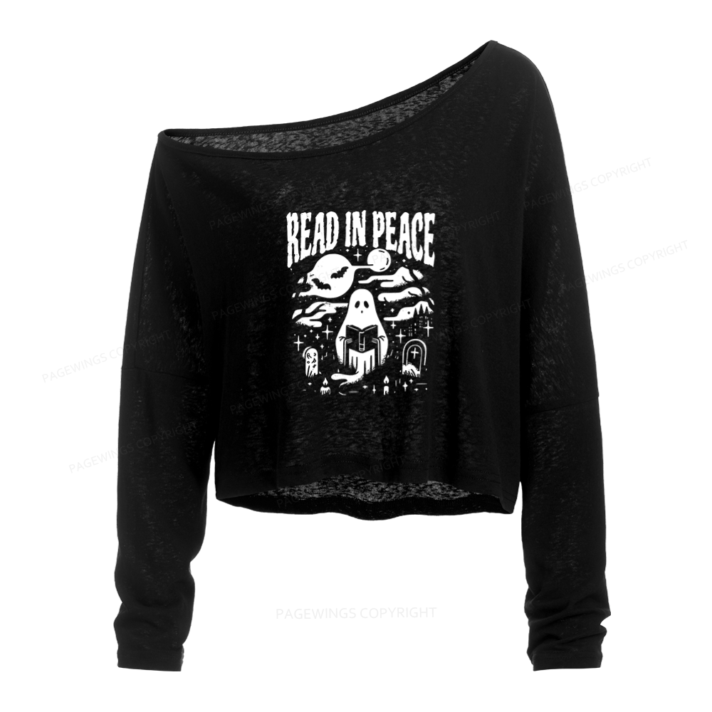 Pagewings Halloween Read In Peace Ghost Reading Slouchy Long Sleeve Off Shoulder T-shirt