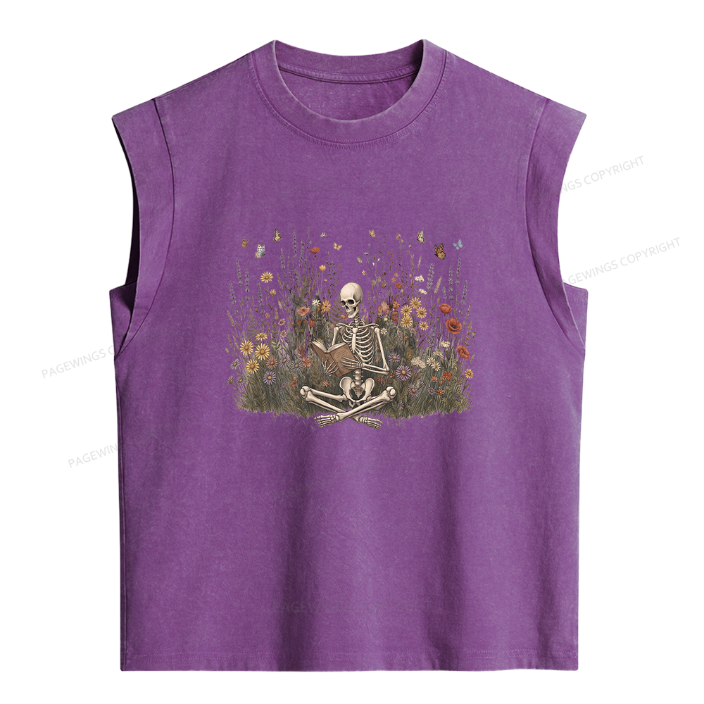 Pagewings Skeleton Reading Book Women's Washed Tank Top