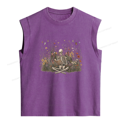Pagewings Skeleton Reading Book Women's Washed Tank Top