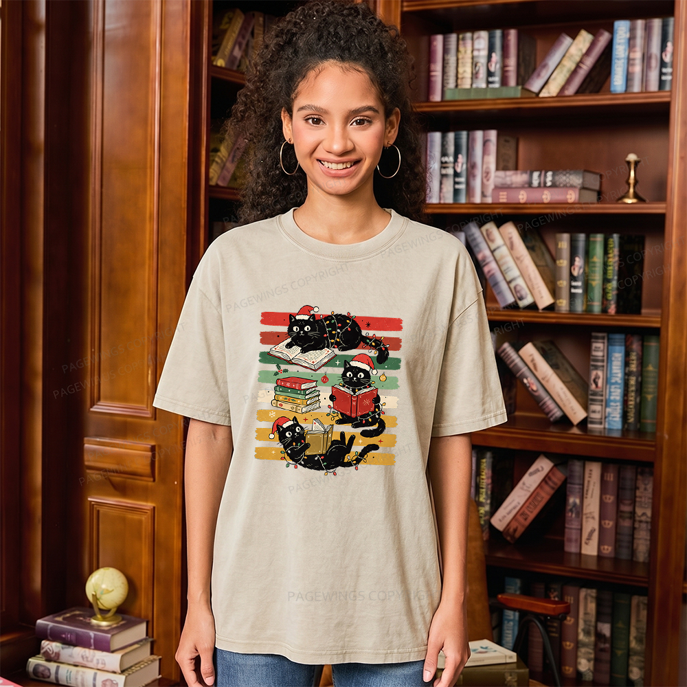 Pagewings Bookish Cat Christmas Unisex Washed T-shirt