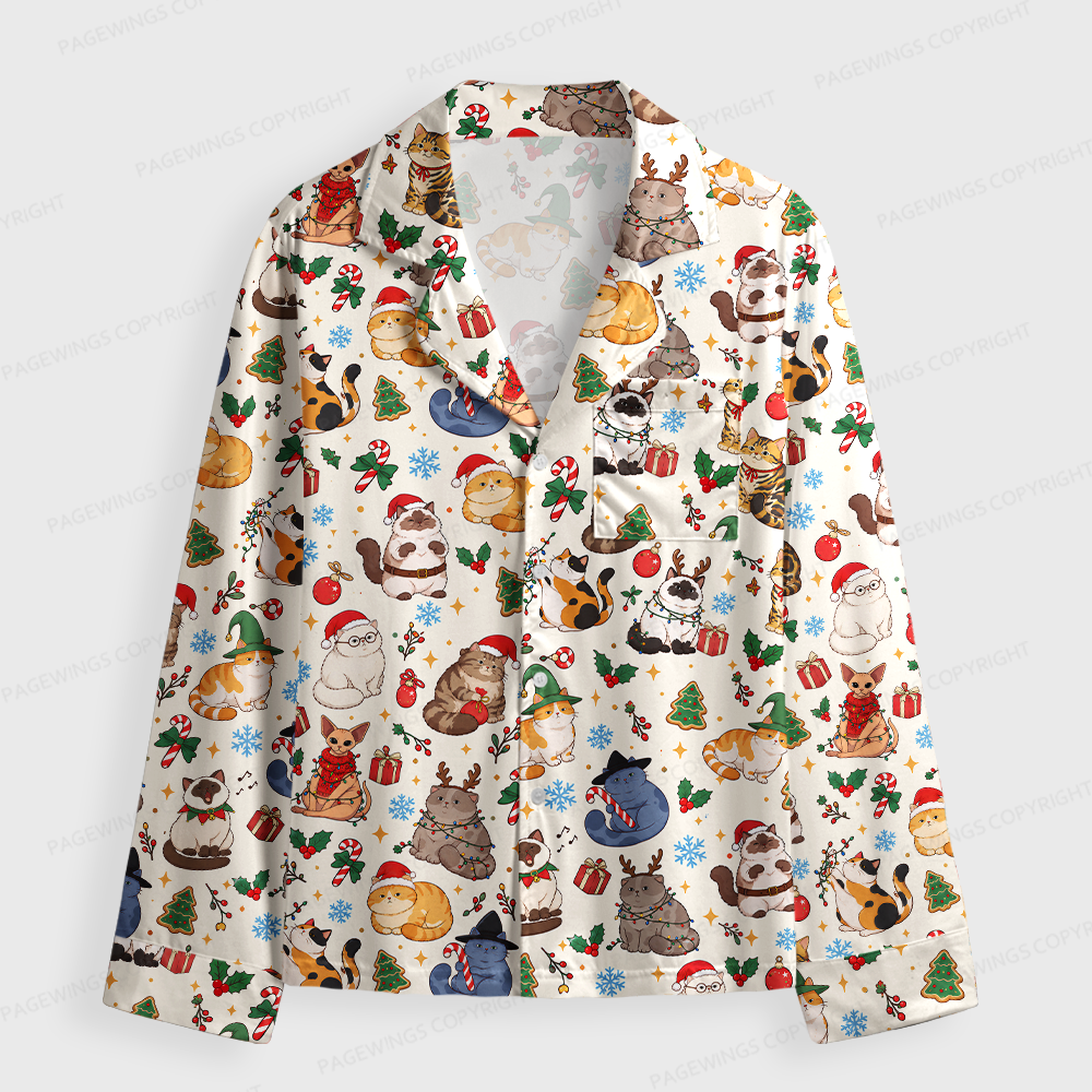 Pagewings Cat Book Lover Unisex Button-Up Pajama Set