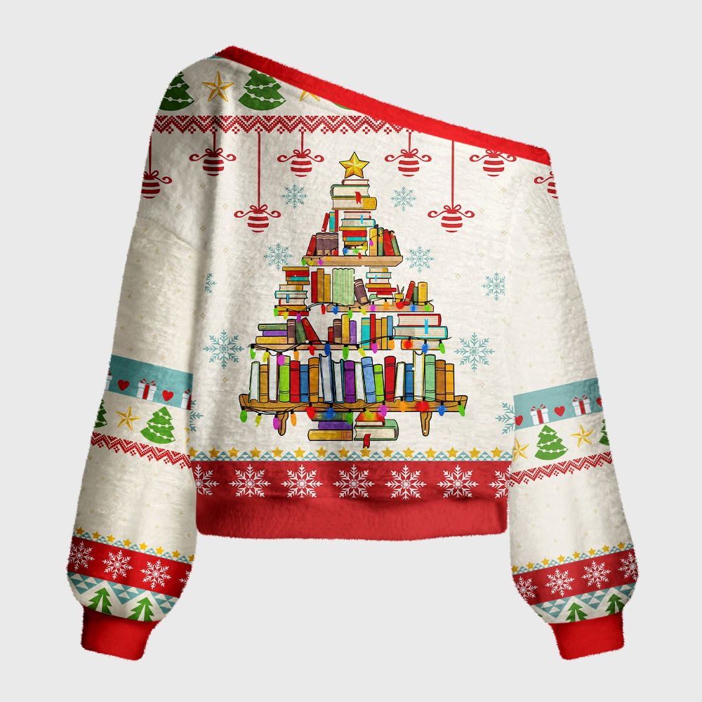 Pagewings Book Christmas Tree Off Shoulder Ugly Knit Sweater