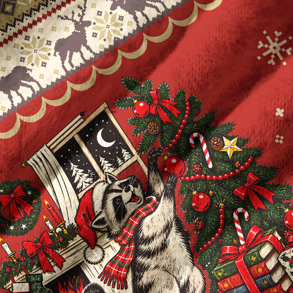 Pagewings Funny Christmas Raccoon Off Shoulder Ugly Knit Sweater