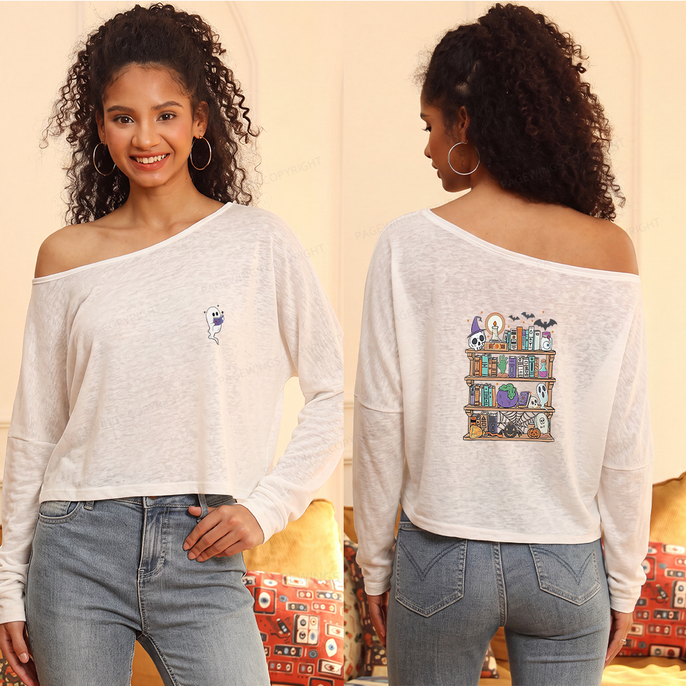 Pagewings Ghost Book Reader Halloween Slouchy Long Sleeve Off Shoulder T-shirt