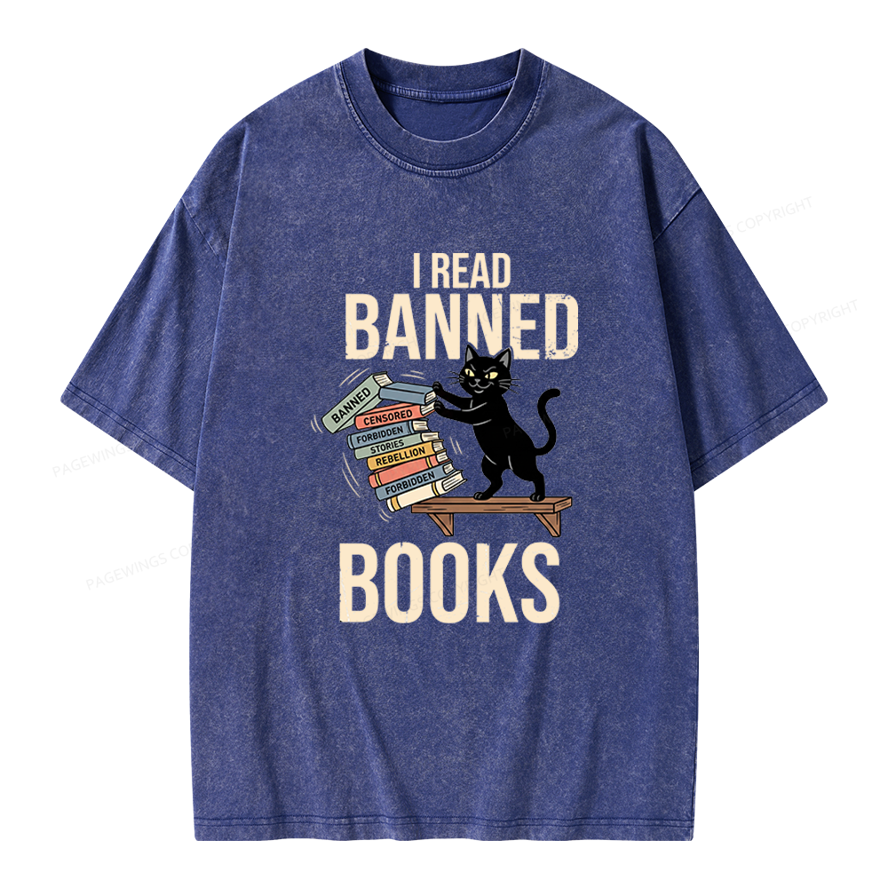 Pagewings Black Cat I Read Banned Books Unisex Washed T-shirt