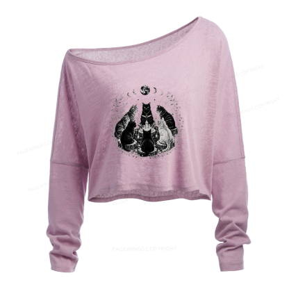 Pagewings Mystical Black Cat Slouchy Long Sleeve Off Shoulder T-shirt