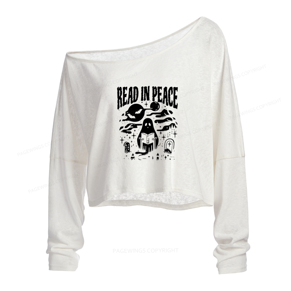 Pagewings Halloween Read In Peace Ghost Reading Slouchy Long Sleeve Off Shoulder T-shirt