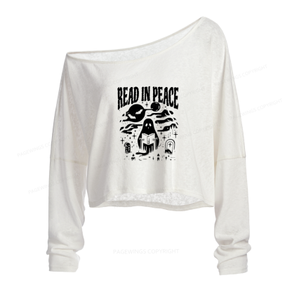 Pagewings Halloween Read In Peace Ghost Reading Slouchy Long Sleeve Off Shoulder T-shirt