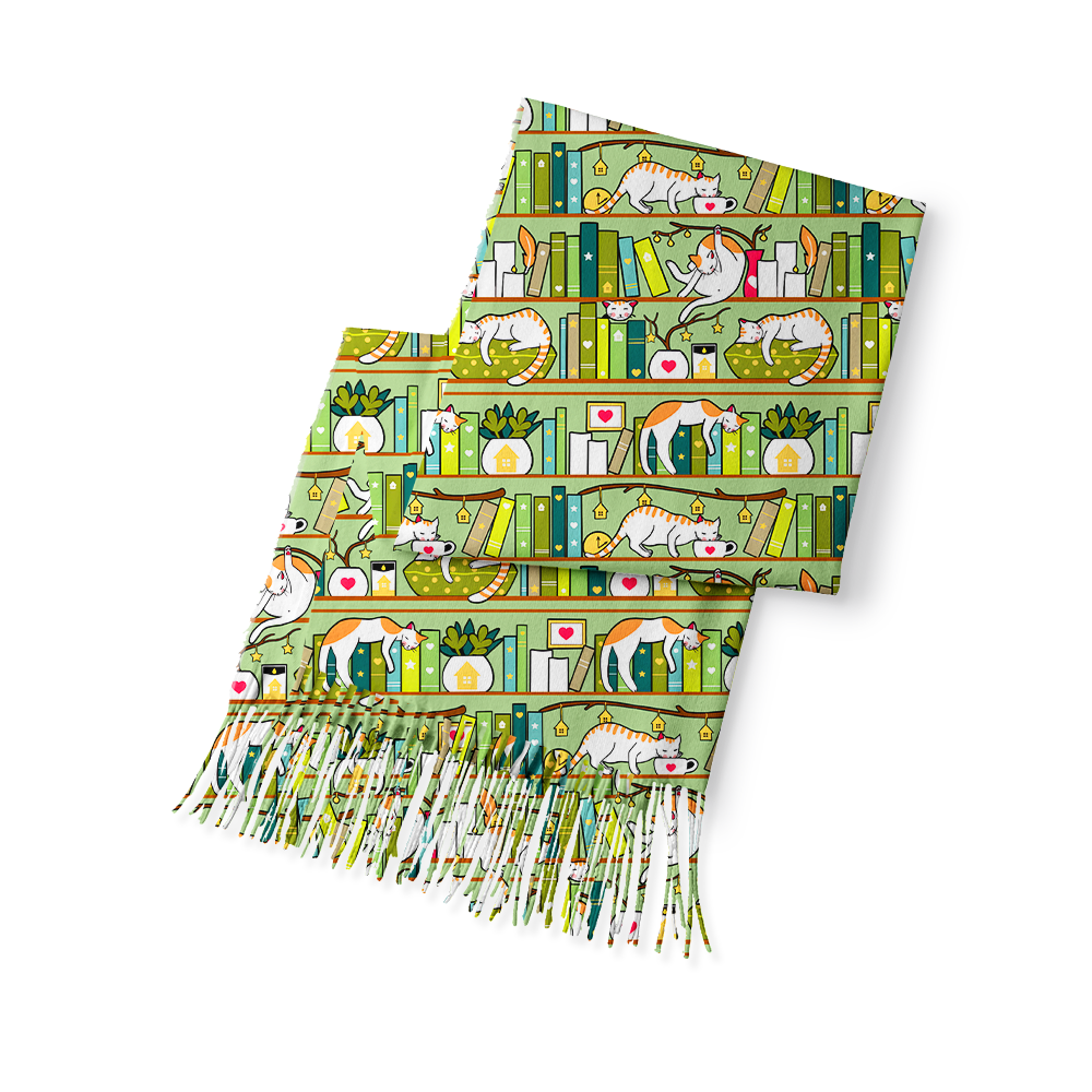 Pagewings Cat Reading Long Fringe Scarf