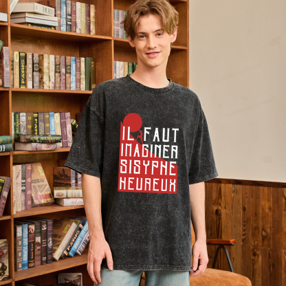 Pagewings One Must Imagine Sisyphus Happy Unisex Washed T-shirt