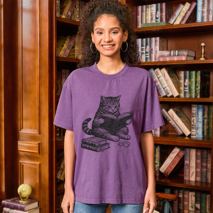 Pagewings Cat Reading Book Unisex Washed T-shirt