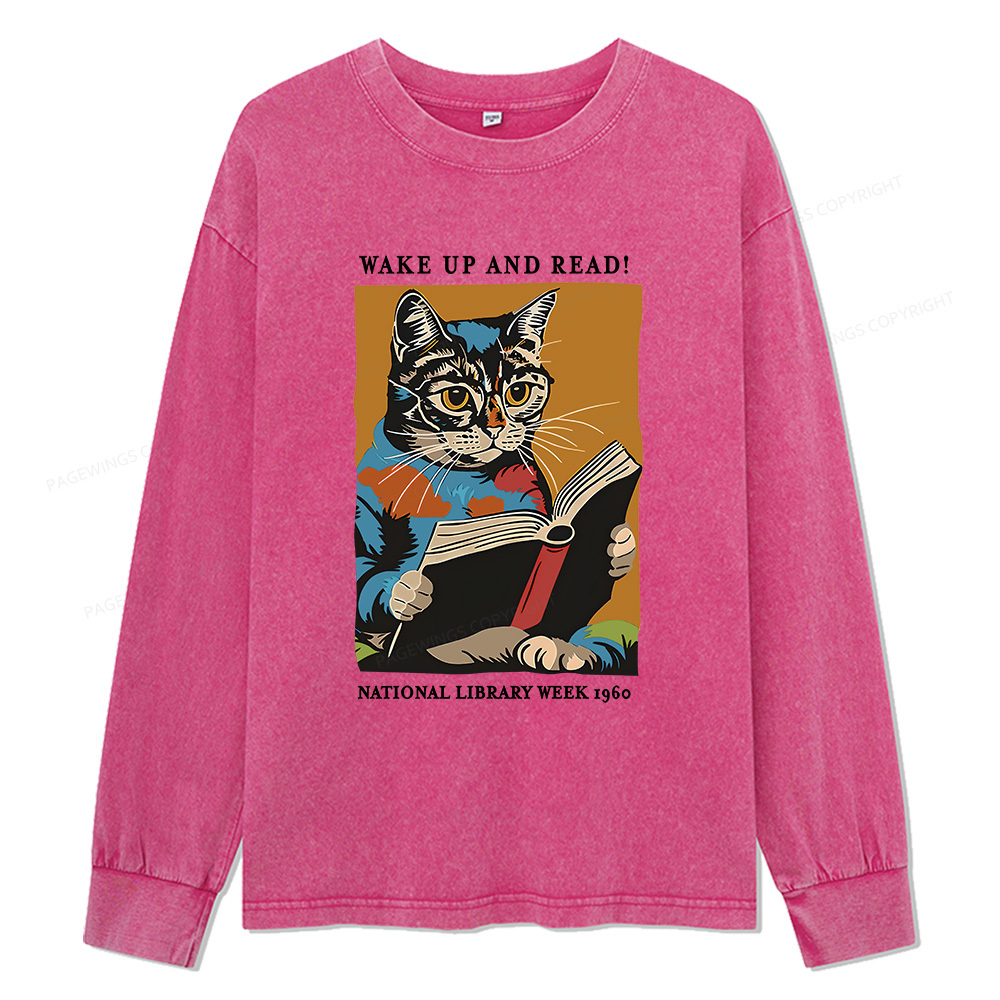 Pagewings Cat Reading Poster Unisex Washed Long Sleeve T-shirt