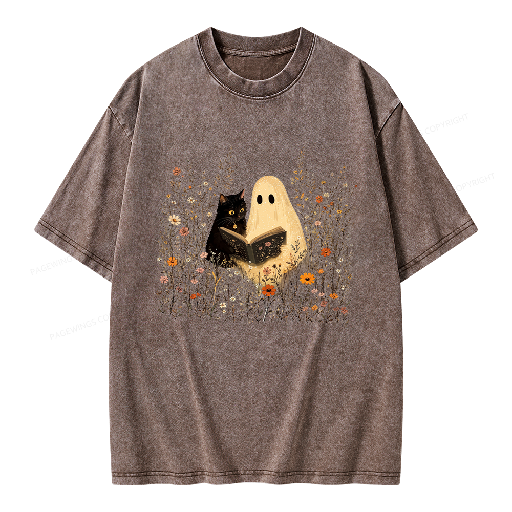 Pagewings Ghost Black Cat Reading Unisex Washed T-shirt