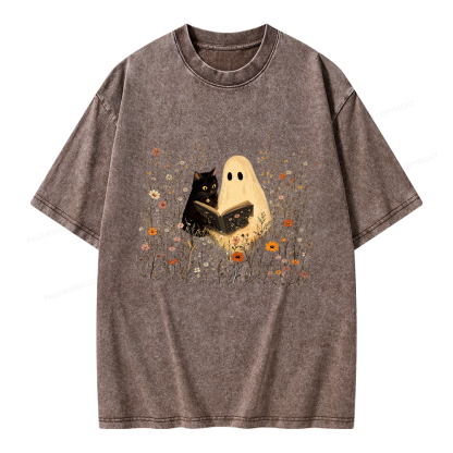 Pagewings Ghost Black Cat Reading Unisex Washed T-shirt