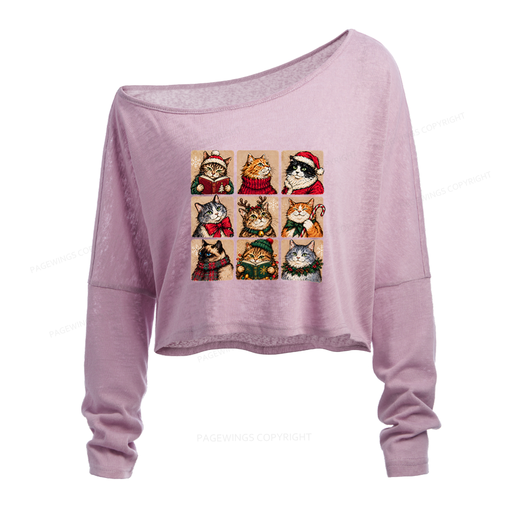 Pagewings Christmas Cats Slouchy Long Sleeve Off Shoulder T-shirt