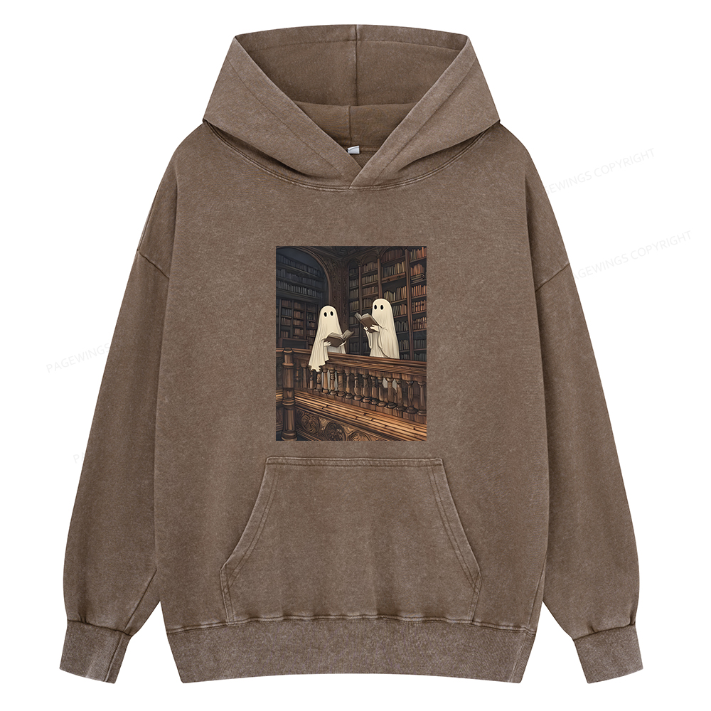 Pagewings Halloween Ghost Reading Unisex Washed Hoodie