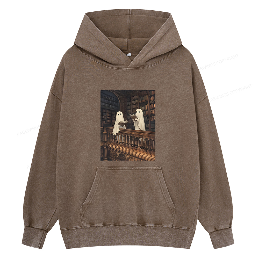Pagewings Halloween Ghost Reading Unisex Washed Hoodie