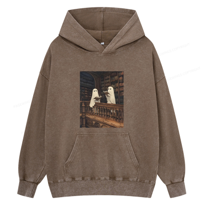 Pagewings Halloween Ghost Reading Unisex Washed Hoodie