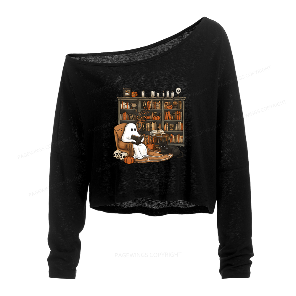 Pagewings Halloween Ghost Reading Books Slouchy Long Sleeve Off Shoulder T-shirt