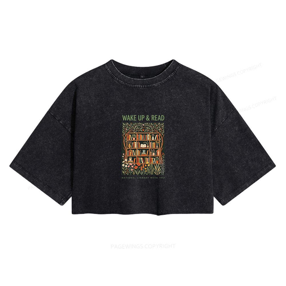 Pagewings Wake Up and Reading Women's Washed Cropped T-shirt