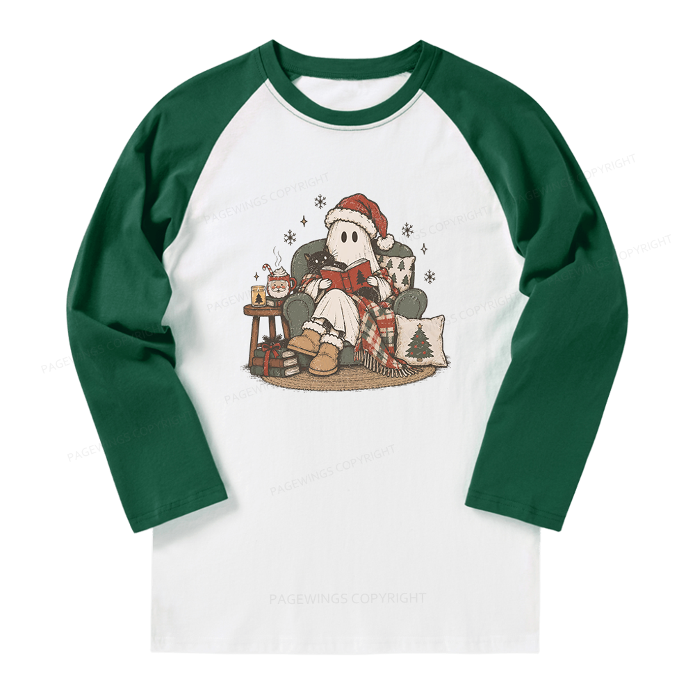 Pagewings Christmas Ghost Reading Long Sleeve Raglan T-shirt