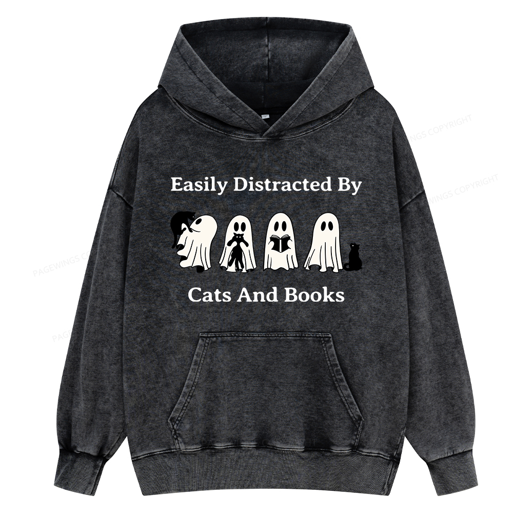 Pagewings Easily Distracted By Cats And Books Unisex Washed Hoodie
