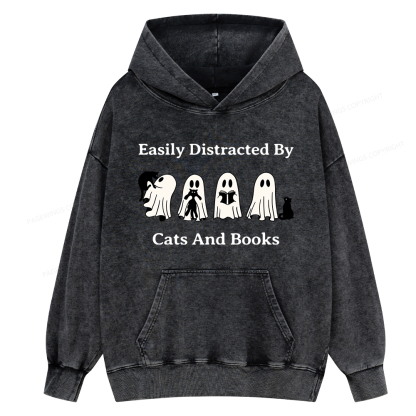 Pagewings Easily Distracted By Cats And Books Unisex Washed Hoodie