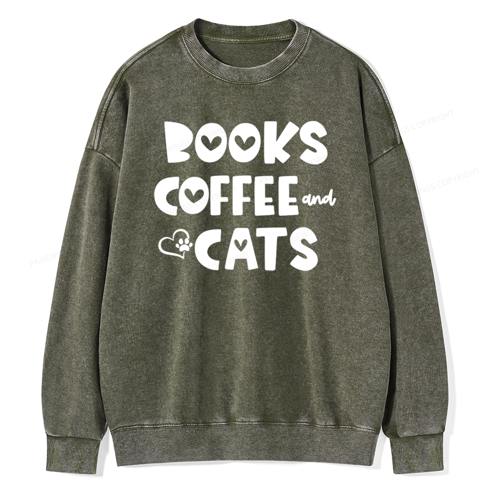 Pagewing Books Coffee and Cats Unisex Washed Sweatshirt