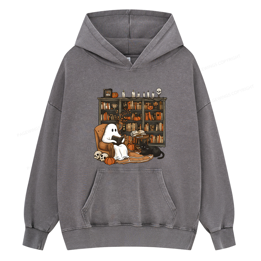 Pagewings Halloween Ghost Reading Books Unisex Washed Hoodie