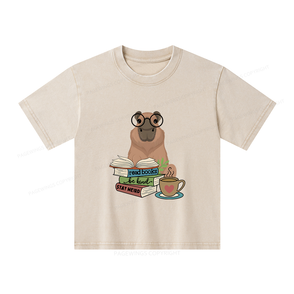 Pagewings Capybara Reading Unisex Kids Washed T-shirt