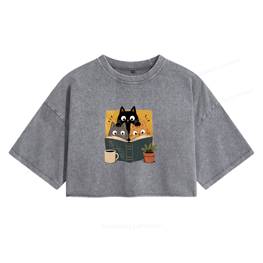 Pagewings Retro Curious Reading Cats Women's Washed Cropped T-shirt