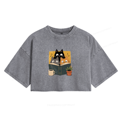 Pagewings Retro Curious Reading Cats Women's Washed Cropped T-shirt