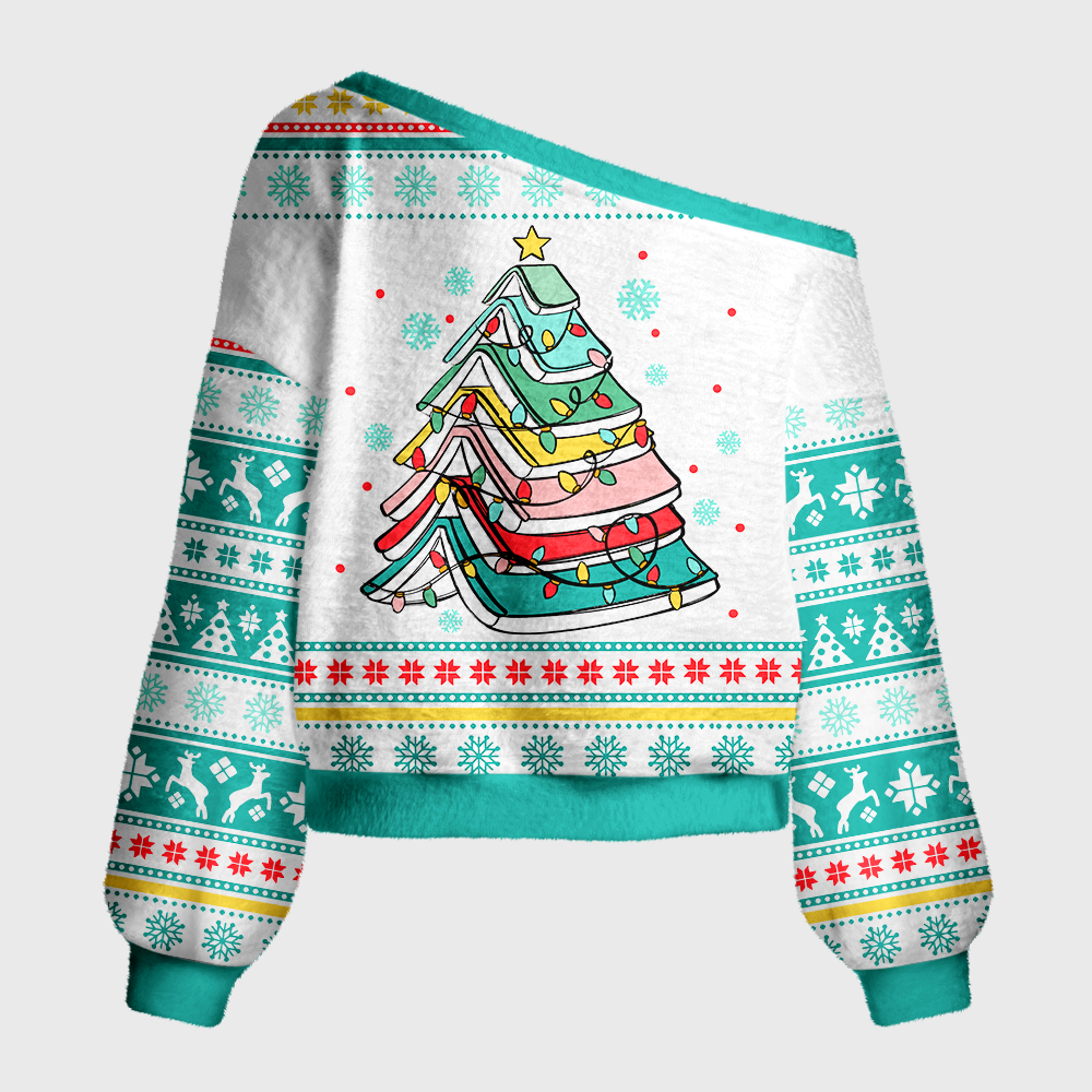 Pagewings Christmas Tree Made Of Books Off Shoulder Ugly Knit Sweater