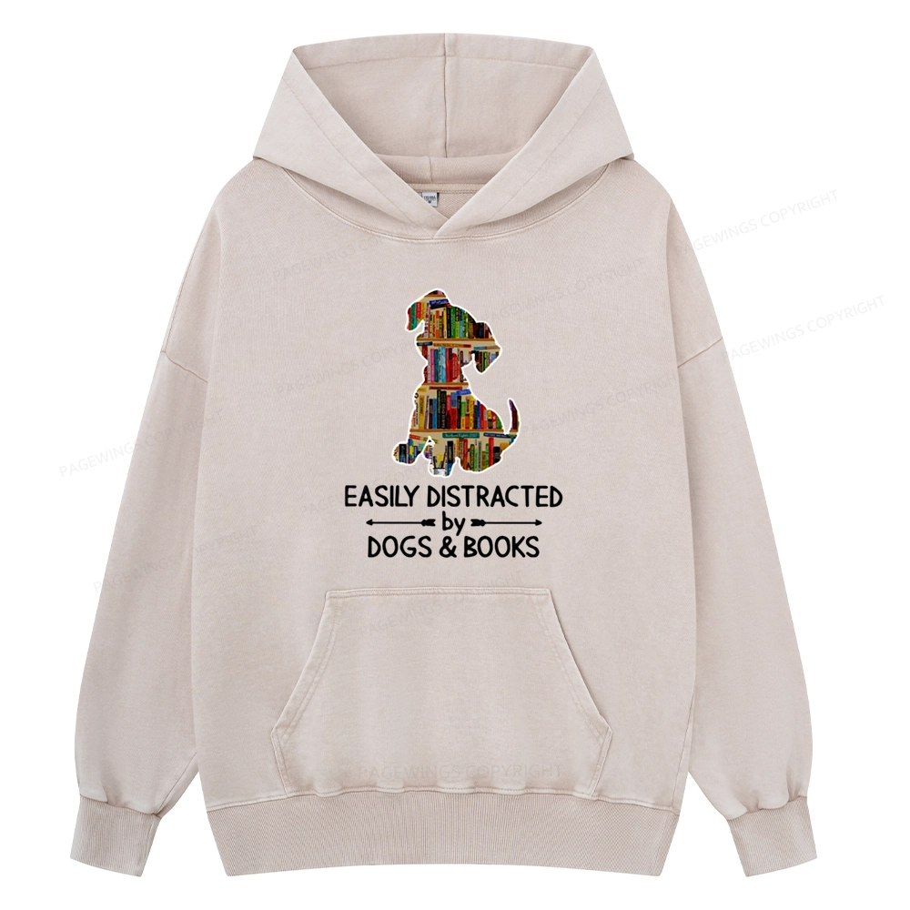 Pagewings Easily Distracted By Dogs And Books Unisex Washed Hoodie