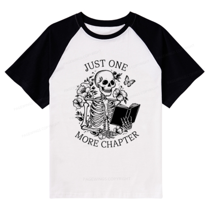 Pagewings One More Chapter Skeleton Book Raglan T-shirt
