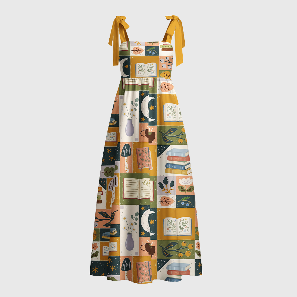 Pagewings Square Neck Plant Floral Tie Shoulder Maxi Dress