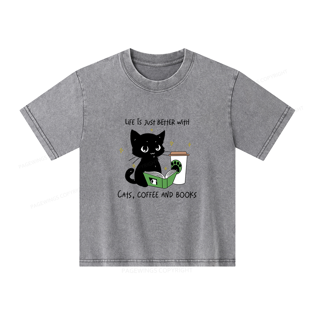 Pagewings Cats Coffee And Books Unisex Kids Washed T-shirt