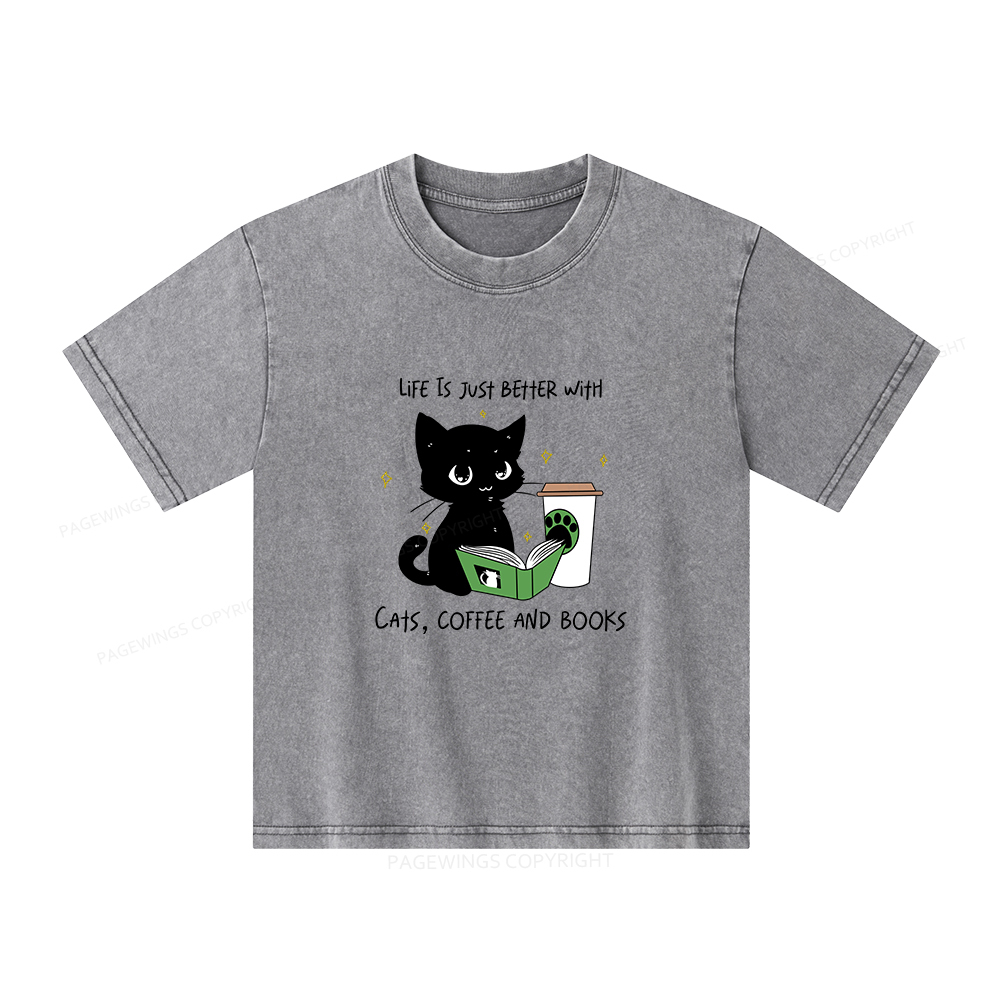 Pagewings Cats Coffee And Books Unisex Kids Washed T-shirt