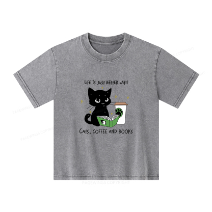 Pagewings Cats Coffee And Books Unisex Kids Washed T-shirt