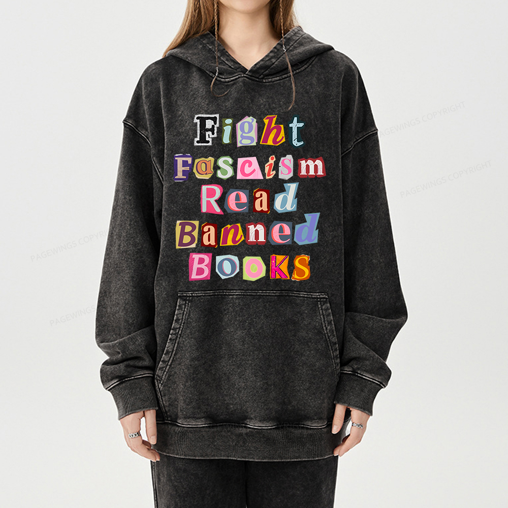 Pagewings Fight Fascism Read Books Unisex Washed Hoodie