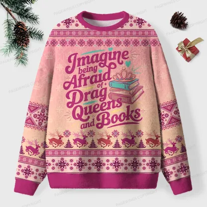 Pagewings Imagine Being Afraid Of Drag Queens And Books Unisex Ugly Knit Sweatshirt