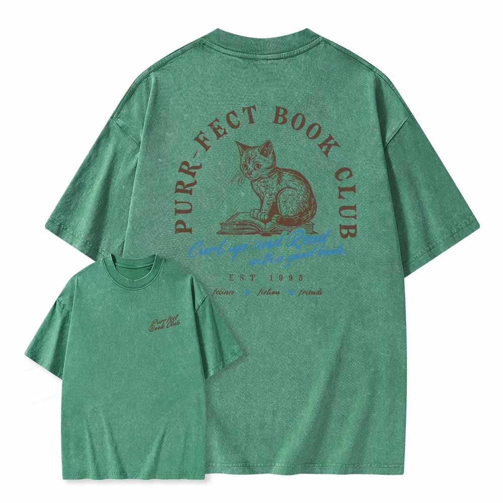 Pagewings  Book Club T-shirt For Cat Lovers Unisex Washed T-shirt